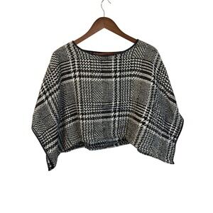 VINTAGE Free People‎ Black White Houndstooth Wool Poncho Leather Trim One Size